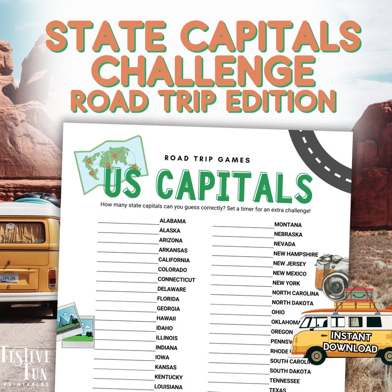 USA State Capitals Road Trip Challenge, Printable United States