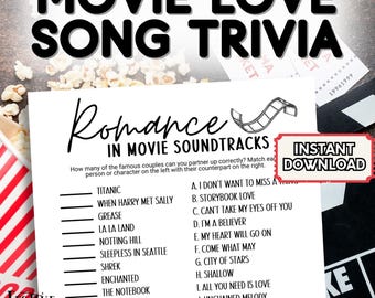 Movie Love Song Trivia, Romantic Soundtracks in Movies Printable Party Game for Teens and Adults, Popular Music and Movie Title Match-Up