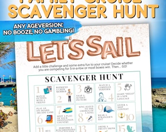 Bingo de búsqueda del tesoro en un crucero familiar, juego de aventuras en un crucero para niños, adolescentes y adultos, actividad imprimible en un crucero, reunión familiar en vacaciones en barco
