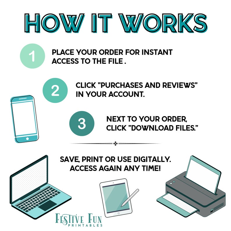 How to use instant download, digital and printable games and activities purchased from Festive Fun Printables.