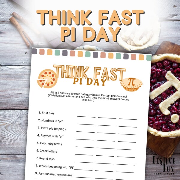 Pi Day Think Fast Game, Fun Pie and Math Themed Categories for March 14 Party, Printable PDF