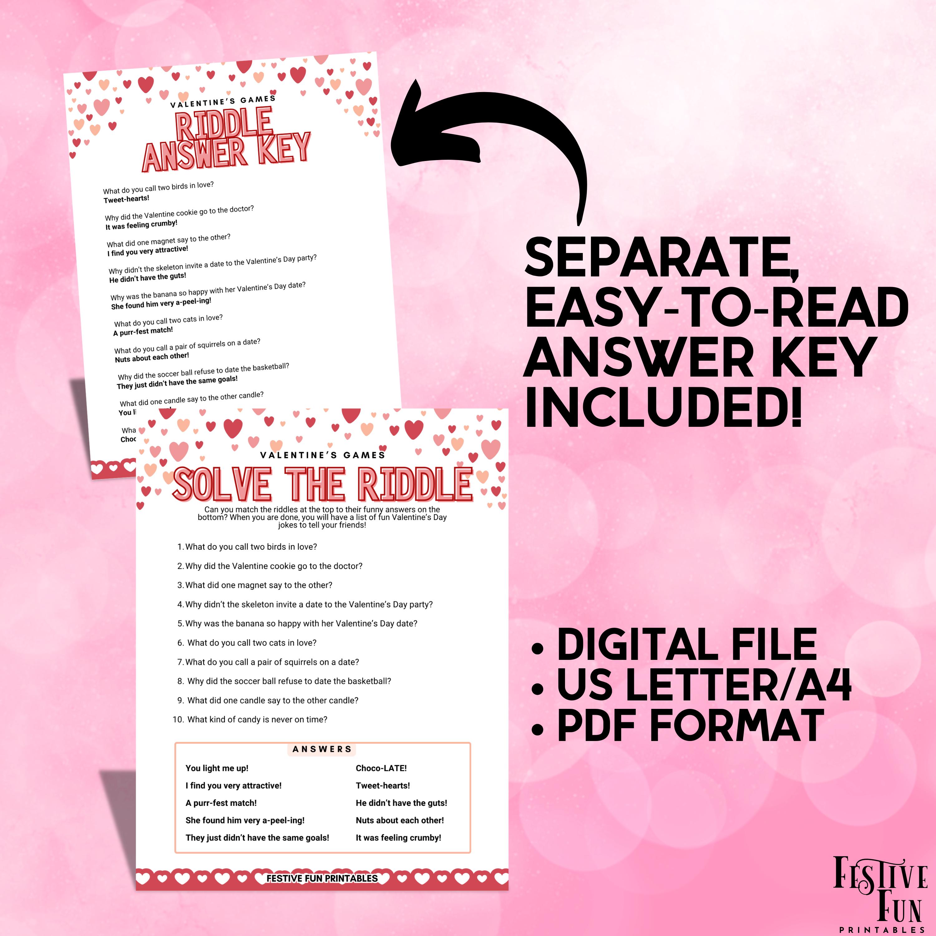 Valentines Day Riddles Printable Game, Fun Easy Kids Tabletop Vday ...
