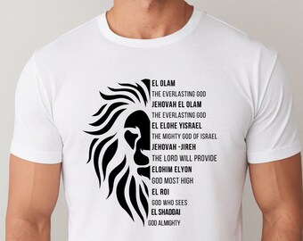Camiseta con los nombres de Dios: diseño de león hebreo, camiseta cristiana unisex.