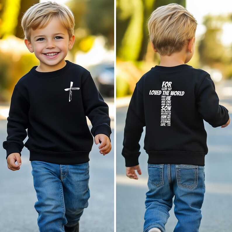 Sudadera cristiana infantil Juan 3:16 - Versículo bíblico "Porque de tal manera amó Dios" en la espalda Balck Sweatshirt