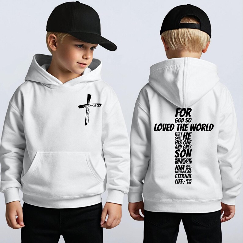 Sudadera cristiana infantil Juan 3:16 - Versículo bíblico "Porque de tal manera amó Dios" en la espalda White Hoodie