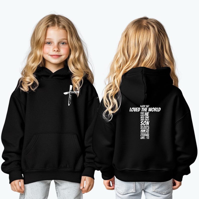 Sudadera cristiana infantil Juan 3:16 - Versículo bíblico "Porque de tal manera amó Dios" en la espalda imagen 3