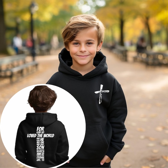 John 3:16 Kids Christian Hoodie - 'For God So Loved' Bible Verse on Back
