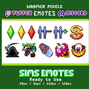 May include: A set of 10 pixel art emoticons for Twitch and Discord. The emoticons include a green diamond, a yellow diamond, a red diamond, two stick figures holding hands, a stick figure with a minus sign, two stick figures holding hands with a plus sign, a yellow letter S, a black hooded figure, a green plant with a purple creature, a blue baby in a swaddle, a purple and orange creature with a smiling face, and a clown with a red nose and a tear.