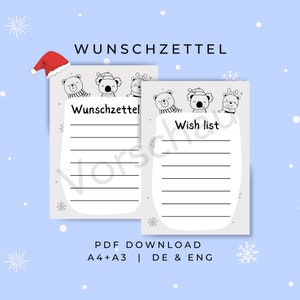 Wunschzettel Druckbar | Weihnachtswunschliste zum Ausdrucken | Minimalistisch | DIN A4 + A3 | De + Eng | Herunterladen | PDF Vorlage | 0006