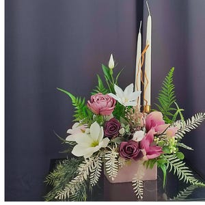 Artificial Flower Arrangement with Candles , Velvet Box Centerpiece , Table centerpiece , Table or Mantel Decoration ,  Handmade Home Decor