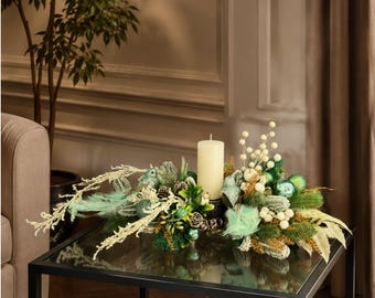 Handcrafted Christmas Centerpiece with Candle and Birds figurines  | Holiday Table Decor | Winter Arrangement
