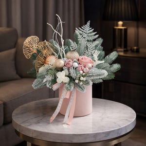 Handmade Christmas Floral Arrangement | Artificial Pine & Flowers | Holiday Centerpiece in Velvet Pot