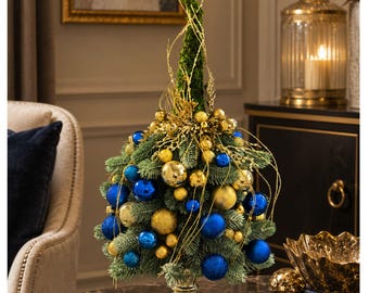 Handmade Blue & Gold Tabletop Christmas Tree: Holiday Centerpiece