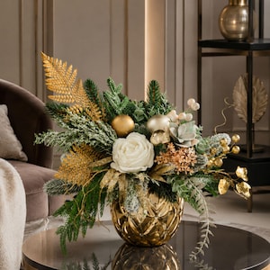 Elegant Handmade Christmas Centerpiece with Artificial Pine, Ornaments & Ceramic Pot – Holiday Table Decoration