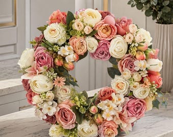 Blush Pink & Ivory Floral Wreath – Handmade Front Door Decor, 44 cm (17.3")