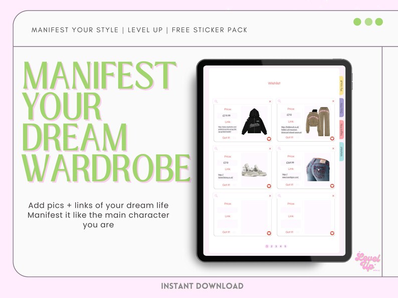 Digital Outfit Planner with Wardrobe Vault – organize your closet, plan daily outfits, and manifest your dream wardrobe. Includes editable wardrobe vault, aesthetic lookbook, and fashion wishlist. Perfect for fashion lovers, style journaling, and capsule wardrobe planning. Ideal for digital planners, closet organizers, and anyone ready to level up their look. PDF download, GoodNotes-friendly.