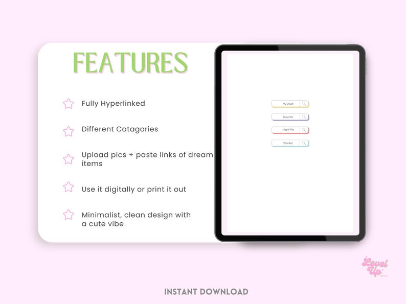 Digital Outfit Planner with Wardrobe Vault – organize your closet, plan daily outfits, and manifest your dream wardrobe. Includes editable wardrobe vault, aesthetic lookbook, and fashion wishlist. Perfect for fashion lovers, style journaling, and capsule wardrobe planning. Ideal for digital planners, closet organizers, and anyone ready to level up their look. PDF download, GoodNotes-friendly.