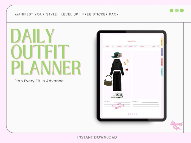 Digital Outfit Planner with Wardrobe Vault – organize your closet, plan daily outfits, and manifest your dream wardrobe. Includes editable wardrobe vault, aesthetic lookbook, and fashion wishlist. Perfect for fashion lovers, style journaling, and capsule wardrobe planning. Ideal for digital planners, closet organizers, and anyone ready to level up their look. PDF download, GoodNotes-friendly.