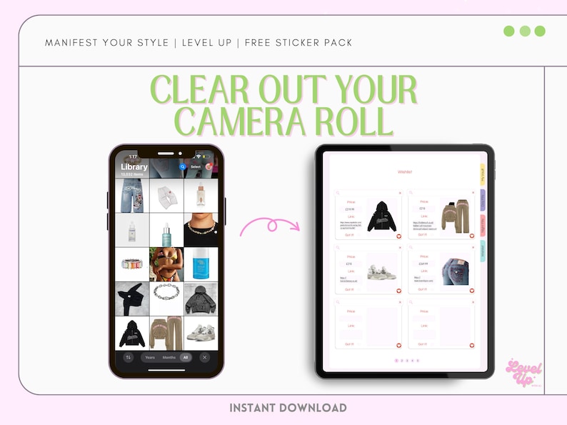 Digital Outfit Planner with Wardrobe Vault – organize your closet, plan daily outfits, and manifest your dream wardrobe. Includes editable wardrobe vault, aesthetic lookbook, and fashion wishlist. Perfect for fashion lovers, style journaling, and capsule wardrobe planning. Ideal for digital planners, closet organizers, and anyone ready to level up their look. PDF download, GoodNotes-friendly.