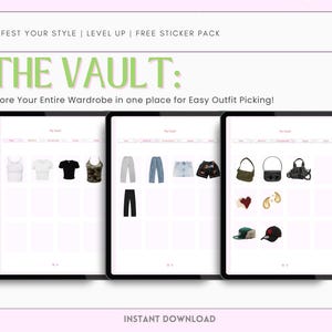 Digital Outfit Planner with Wardrobe Vault – organize your closet, plan daily outfits, and manifest your dream wardrobe. Includes editable wardrobe vault, aesthetic lookbook, and fashion wishlist. Perfect for fashion lovers, style journaling, and capsule wardrobe planning. Ideal for digital planners, closet organizers, and anyone ready to level up their look. PDF download, GoodNotes-friendly.