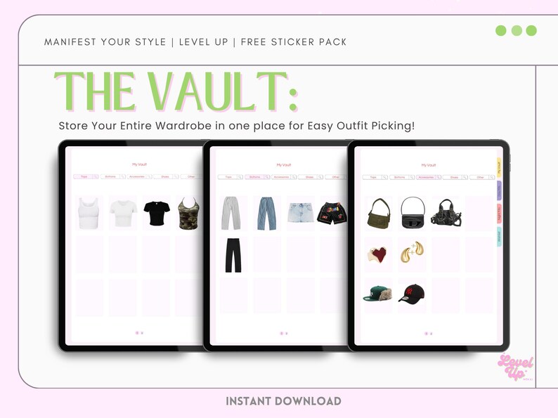Digital Outfit Planner with Wardrobe Vault – organize your closet, plan daily outfits, and manifest your dream wardrobe. Includes editable wardrobe vault, aesthetic lookbook, and fashion wishlist. Perfect for fashion lovers, style journaling, and capsule wardrobe planning. Ideal for digital planners, closet organizers, and anyone ready to level up their look. PDF download, GoodNotes-friendly.