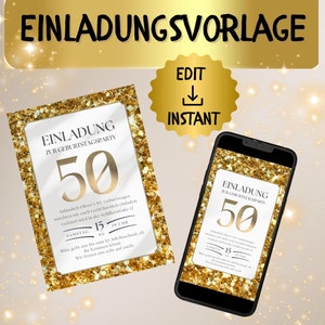 Digitale Einladung Gold Glitzer Dateivorlage 50.Geburtstag WhatsApp Canva Vorlage für 50er Geburtstagsfeier Einladung elektronisch versenden