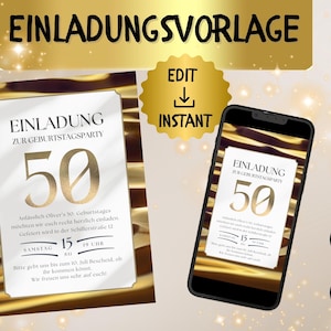 Elegante Digitale Einladung Gold WhatsApp 50. Geburtstag Canva Vorlage für 50er Geburtstagsfeier Einladung elektronisch versenden Digital