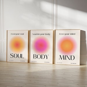 Mind Body Soul Spiritual Aura Poster Set Aura Print Set of 3 Artful Wall Set Pink Aura Art Printable Wall Art Retro Art Psychedelic Decor