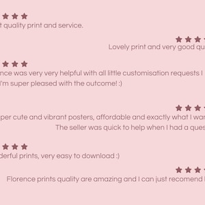 May include: A light pink background with customer reviews and star ratings. The text includes phrases like "Great quality print and service," and "Super cute and vibrant posters."