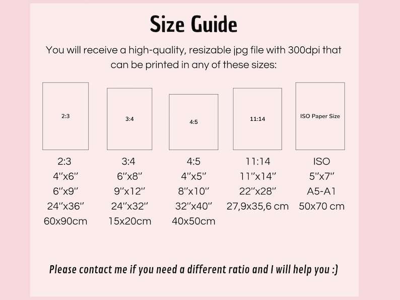 May include: A pink background with a white "Size Guide" graphic. The guide lists various print sizes, including 4"x6", 6"x8", 4"x5", 11"x14", and 5"x7", along with their corresponding metric measurements. The text also mentions a high-quality, resizable JPG file.