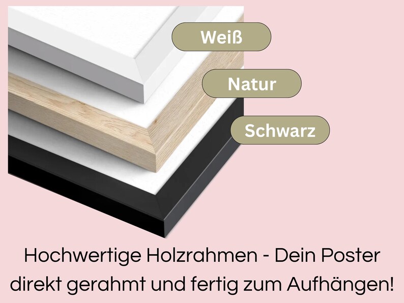May include: A stack of three framed posters with white, natural wood, and black frames. The image includes the text "Wei&szlig;", "Natur", and "Schwarz", and the text "High-quality wooden frames - Your poster framed and ready to hang!"