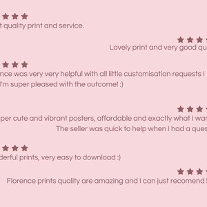 May include: A light pink background with customer reviews and star ratings. Text includes phrases like "Great quality print and service" and "Super cute and vibrant posters."