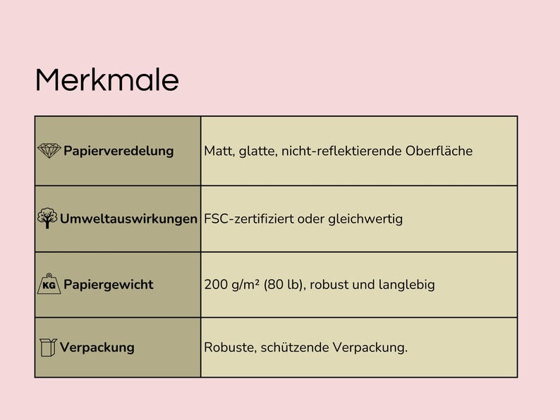 May include: A pink background with a table of product features in German. The table includes details on paper finishing, environmental impact, paper weight (200 g/m&sup2; or 80 lb), and packaging.