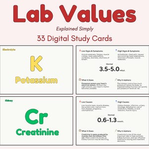 May include: A set of 33 digital study cards titled Lab Values Explained Simply. The cards display medical information for Potassium and Creatinine, including normal ranges in mEq/L and mmol/L, low and high signs, symptoms, causes, and clinical functions.