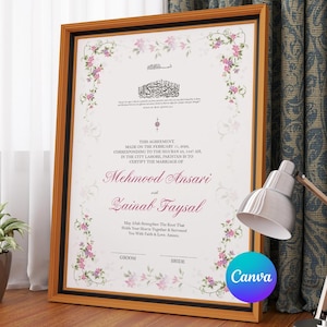 Puede incluir: Un certificado de matrimonio enmarcado con un marco de madera marrón claro. El certificado tiene detalles florales y texto en inglés y árabe. Los nombres "Mehmood Ansari" y "Zainab Faysal" se muestran.