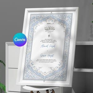 May include: Framed marriage certificate with an elaborate blue and white floral border. The document features text in English and Arabic, with names and dates. The Canva logo is visible.