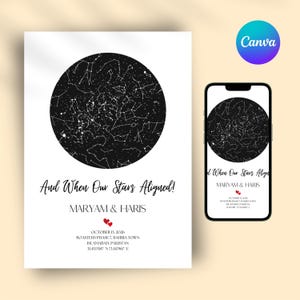 May include: A white poster and a smartphone screen displaying a black circular star map. The text reads: And When Our Stars Aligned! MARYAM & HARIS, October 13, 2026, Roasters Phase 7, Bahria Town, Islamabad, Pakistan, 31.470387 N 73.147967 E, with two red hearts.