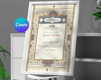 May include: A framed wedding certificate featuring a cream-colored background with an intricate gold, blue, and red floral border. The text includes the names Ayesha Arif Sethi and Syed Haris Ali, along with Arabic calligraphy at the top center.