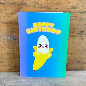 Tarjeta de cumpleaños con diseño de plátano kawaii: descarga instantánea para adultos y niños, tamaño A4 y carta de EE. UU.