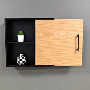 Bathroom Cabinet Wall Mounted / Wooden Wall Shelf with Sliding Oak Cover / Medicine Cabinet / Minimalist Floating Shelf Wooden Wall Decor