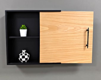 Bathroom Cabinet Wall Mounted / Wooden Wall Shelf with Sliding Oak Cover / Medicine Cabinet / Minimalist Floating Shelf Wooden Wall Decor