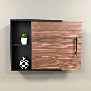 Wooden Wall Shelf with Sliding Walnut Cover / Medicine Cabinet / Bathroom Cabinet Wall Mounted / Minimalist Floating Shelf Wooden Wall Decor