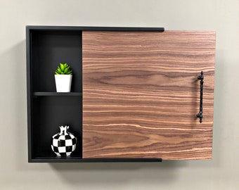 Wooden Wall Shelf with Sliding Walnut Cover / Medicine Cabinet / Bathroom Cabinet Wall Mounted / Minimalist Floating Shelf Wooden Wall Decor