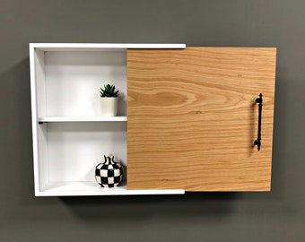 Wooden Wall Shelf with Sliding Oak Cover / Medicine Cabinet / Bathroom Cabinet Wall Mounted / Minimalist Floating Shelf Wooden Wall Decor