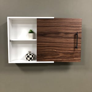 Wooden Wall Shelf with Sliding Walnut Cover / Medicine Cabinet / Bathroom Cabinet Wall Mounted / Minimalist Floating Shelf Wooden Wall Decor