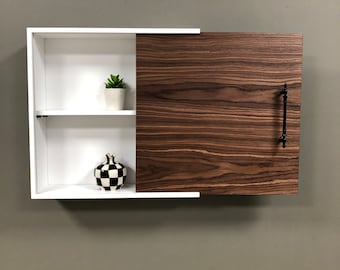 Wooden Wall Shelf with Sliding Walnut Cover / Medicine Cabinet / Bathroom Cabinet Wall Mounted / Minimalist Floating Shelf Wooden Wall Decor