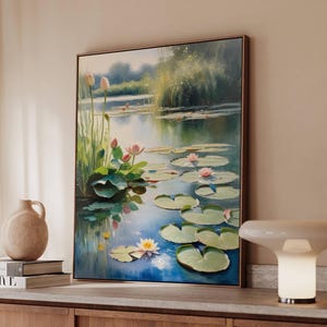 Impresión artística de un estanque de nenúfares rosados, lienzo floral impresionista inspirado en Monet, póster mate de jardín botánico, decoración de pared en lienzo con naturaleza apacible