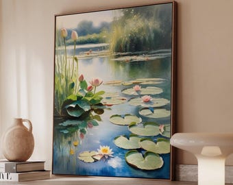 Pink Water Lily Pond Art Print, Monet Inspired Impressionist Floral Canvas, Botanical Garden Matte Poster, Peaceful Nature Canvas Wall Decor