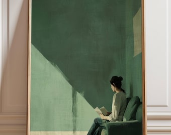 Woman Reading Wall Art, Minimal Green Illustration, Quiet Morning Painting, Modern Figurative Print, Serene Reading Nook Canvas Home Decor