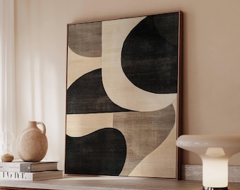 Minimalist Abstract Canvas Art - Modern Geometric Wall Print - Neutral Mid-Century Decor - Black Beige Artwork - Contemporary Home Aesthetic